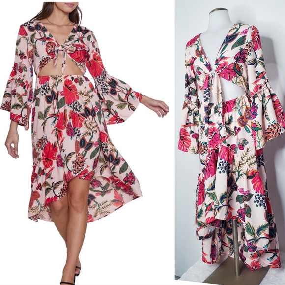 Anthropologie Dresses & Skirts - Anthropologie- Raga | Natura Bell Sleeve Cutout High-Low Front Tie Midi Dress
